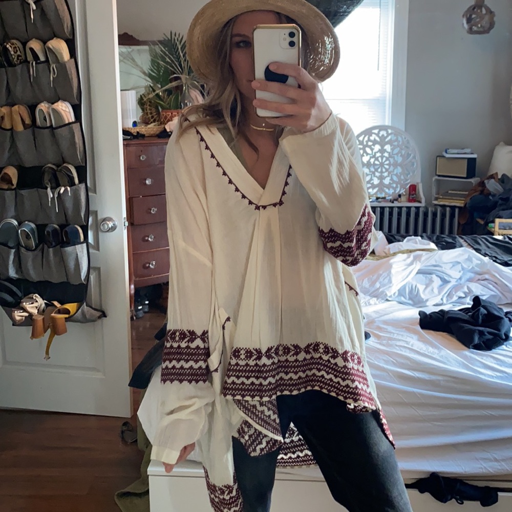 High-low Boho Embroidered Free People Linen Tunic Top